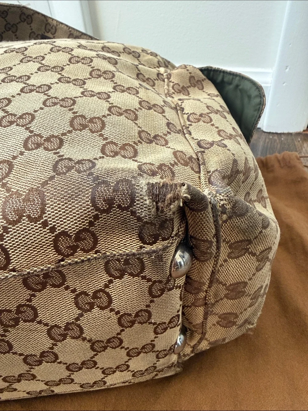 Gucci Brown GG Canvas Diaper Bag with Green and Red Signature Strap